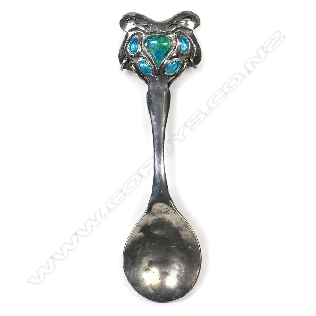 A good Reuben Watts silver and enamel Arts & Crafts spoon Image 1++